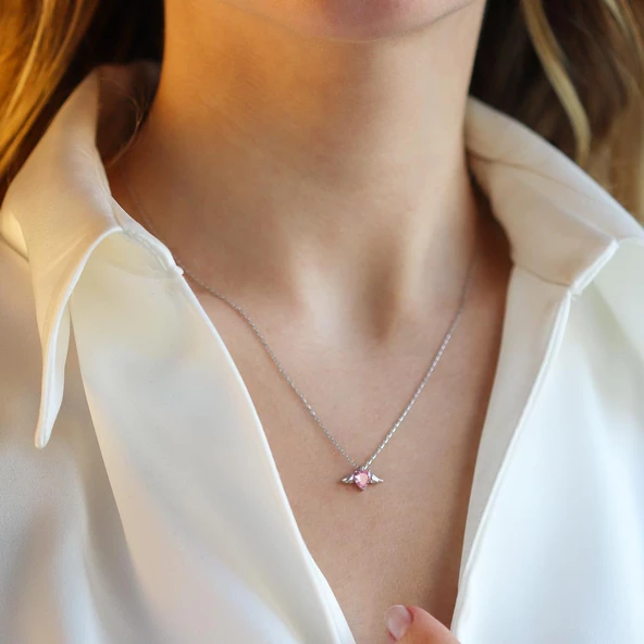 Kanatlı Mini Kalp Pembe Zirkon Taşlı 925 Ayar Gümüş Kolye - Resim 3
