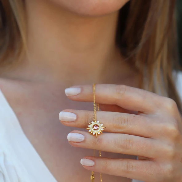 Pembe Zirkon Taşlı Gold Kaplama Lodestar Gümüş Kolye - Resim 3