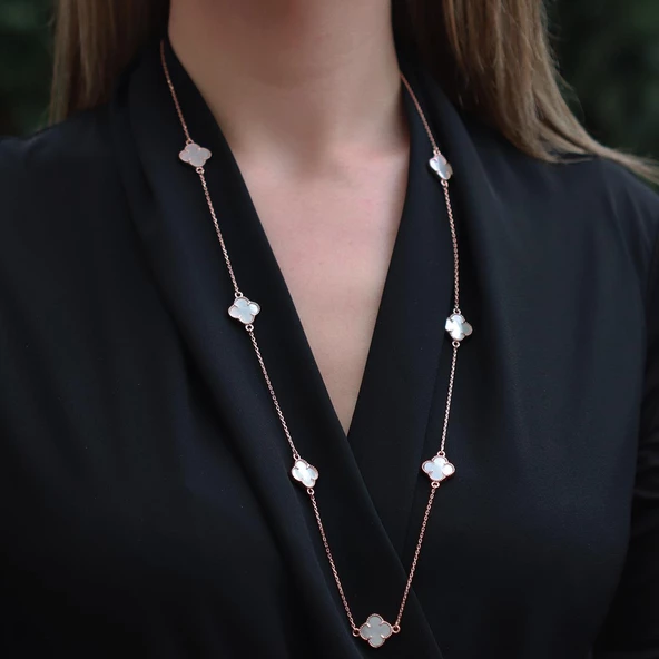 İkonik Alhambra Sedef Taşlı Rose Gold Kaplama Gümüş Kolye - Resim 3