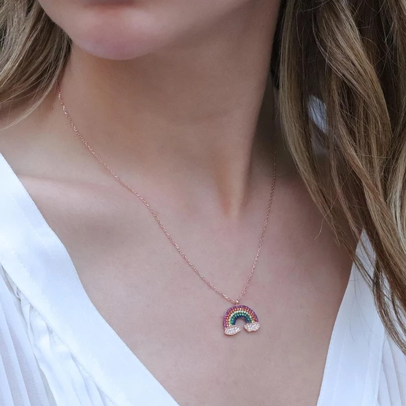 Renkli Zirkon Taşlı Gökkuşağı Rose Gold Kaplama Gümüş Kolye ürün görseli 1