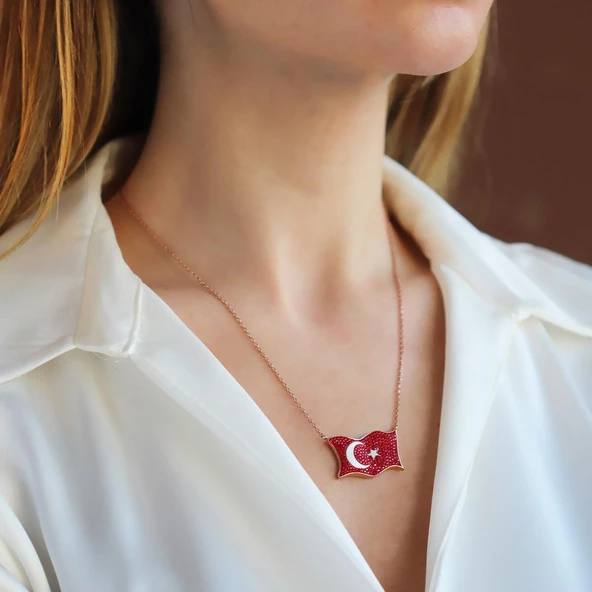 Türk Bayrağı Zirkon Taşlı Rose Gold Kaplama Gümüş Kolye - Resim 2