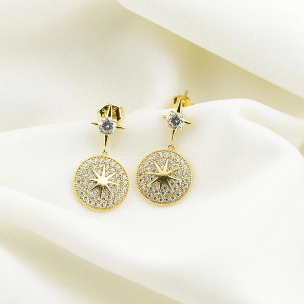 Zirkon Taşlı Gold Kaplama Kutup Yıldızı Gümüş Küpe - Resim 5