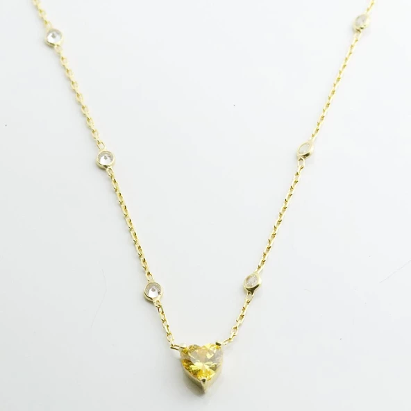 Sitrin Taşlı Gold Kaplama Sevgili Kalp Gümüş Kolye - Resim 4