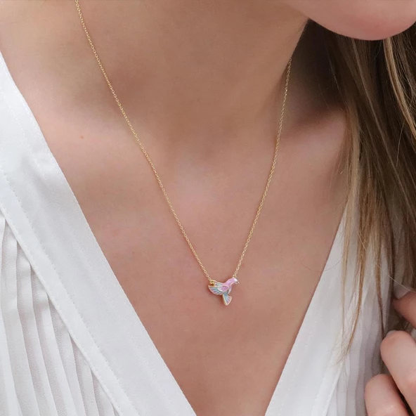 Totem Kuşu Renkli Mine İşli Gold Kaplama Gümüş Kolye - Resim 4