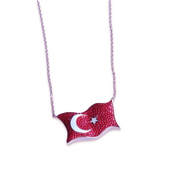Türk Bayrağı Zirkon Taşlı Rose Gold Kaplama Gümüş Kolye - Resim 3