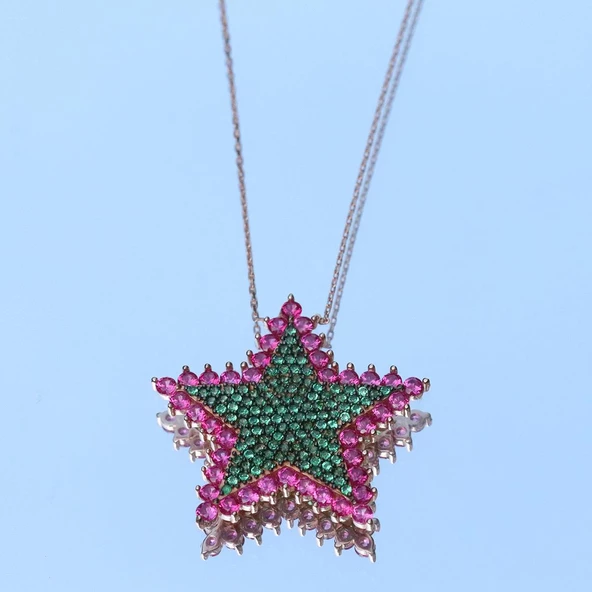 Renkli Zirkon Taşlı Alice Star Rose Gold Kaplama Gümüş Kolye - Resim 3