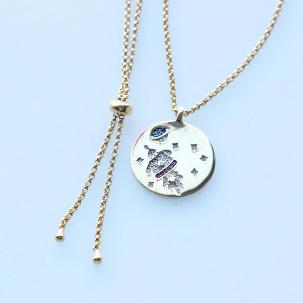 Gezegen ve Astronot Apm Modeli Gold Kaplama Gümüş Kolye - Resim 5