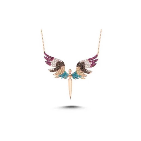 Mikail Meleği Renkli Zirkon Taşlı Rose Gold Kaplama Gümüş Kolye - Resim 4
