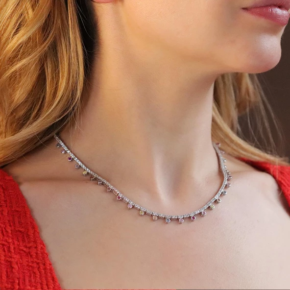 Renkli Taşlı Su Yolu Gümüş Kolye - Resim 2