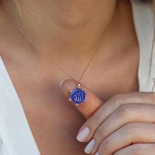 Çift Taraflı Mine İşli Allah Yazılı Rose Gold Kaplama Gümüş Kolye - Resim 4