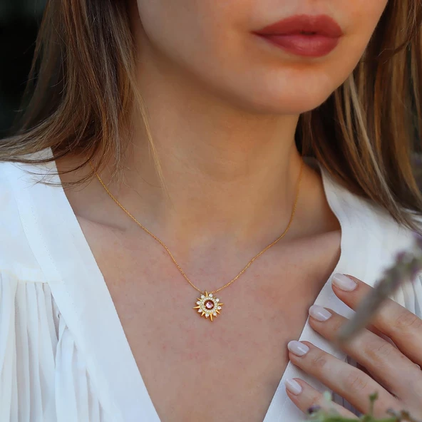 Pembe Zirkon Taşlı Gold Kaplama Lodestar Gümüş Kolye - Resim 4