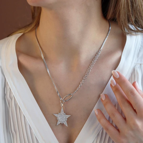 Zirkon Taşlı Gurmet Zincirli Tasarım Yıldız Gümüş Kolye - Resim 4