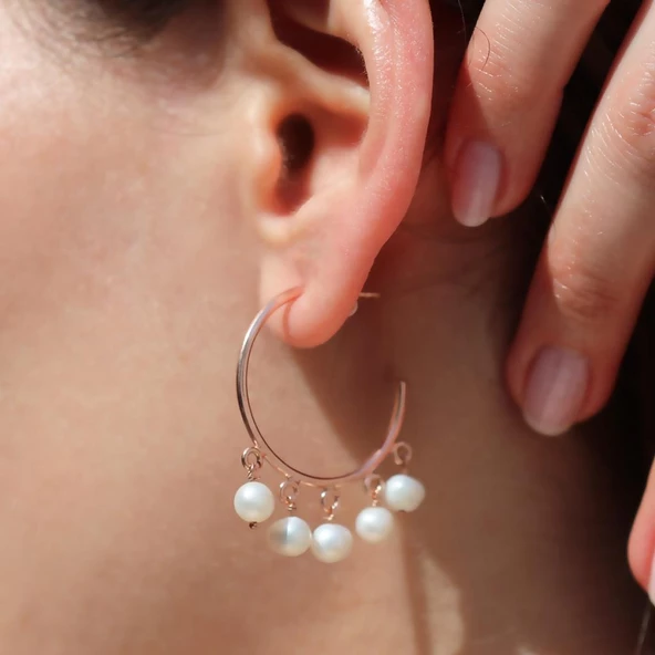 Sıra İncili Rose Gold Kaplama Gümüş Küpe - Resim 4