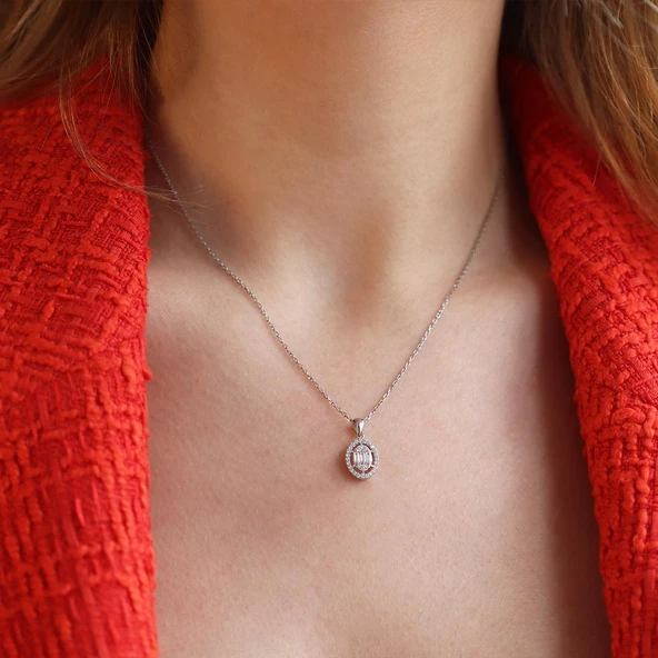 Baget Kesim Zirkon Taşlı Elips Gümüş Kolye - Resim 5