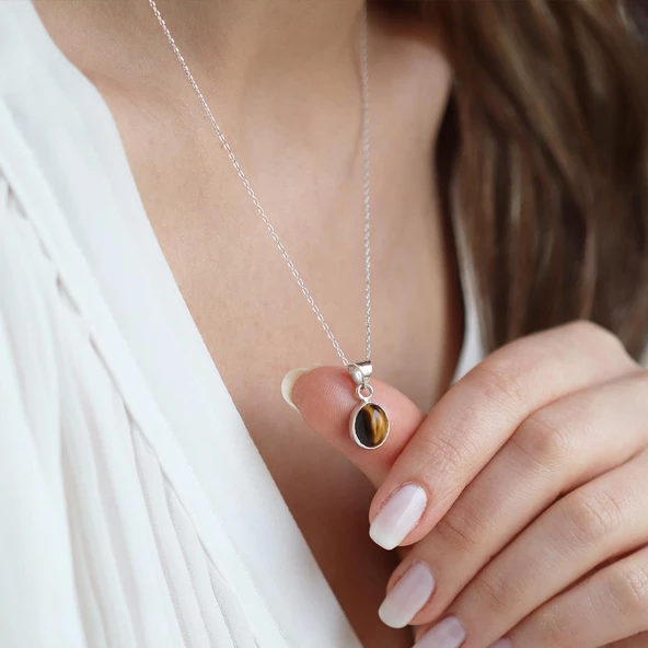 Kaplan Gözü Doğal Taş Gümüş Kolye - Resim 2