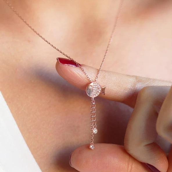 Zirkon Taşlı Sallantılı Balık Rose Gold Kaplama Gümüş Kolye - Resim 2