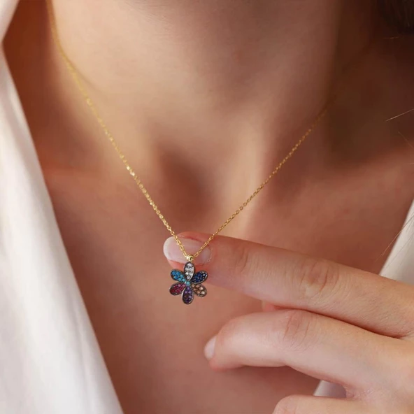 Renkli Zirkon Taşlı Gold Kaplama Çiçek Model Gümüş Kolye ürün görseli 1