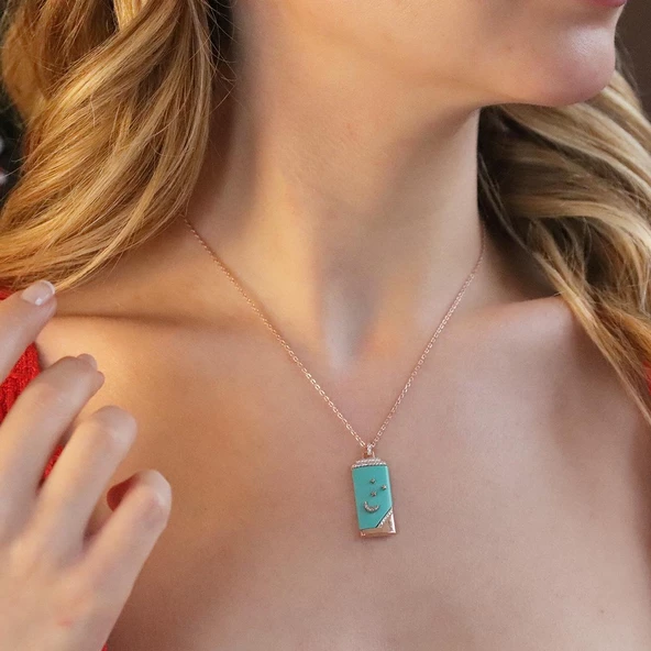 Turkuaz Mine İşli  Rose Gold Kaplama Night Gümüş Kolye ürün görseli 1