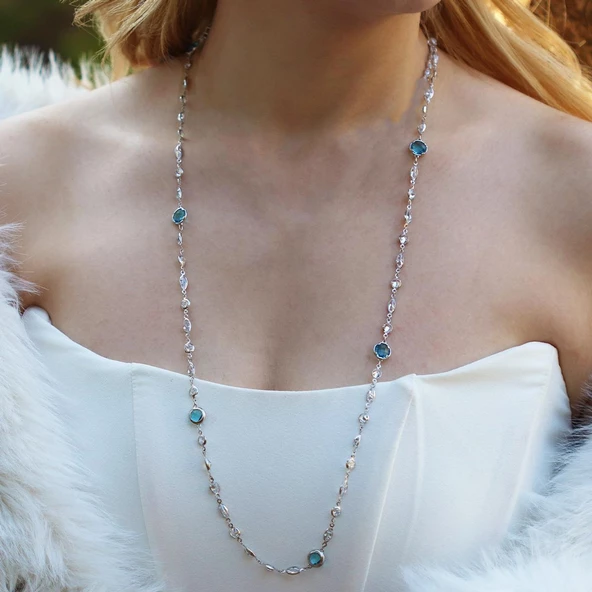 Mavi Swarovski Taşlı Gümüş Kolye ürün görseli 1