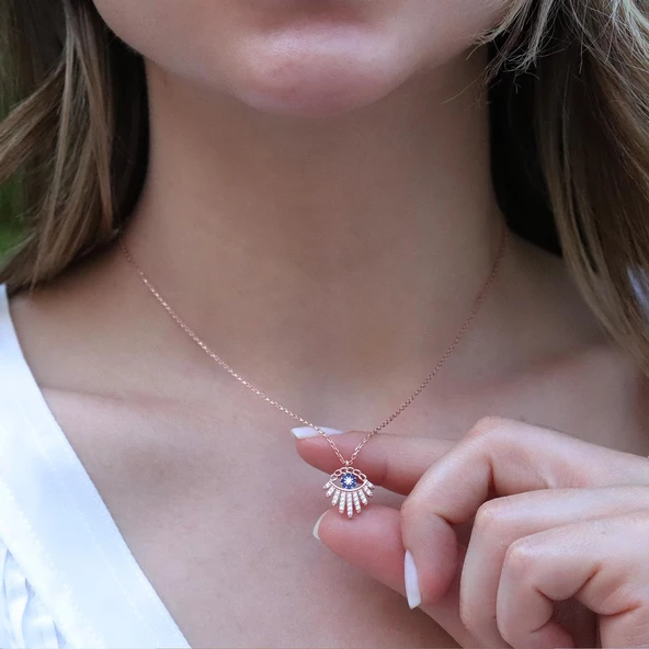Zirkon Taşlı Göz Modeli Rose Gold Kaplama Gümüş Kolye - Resim 3