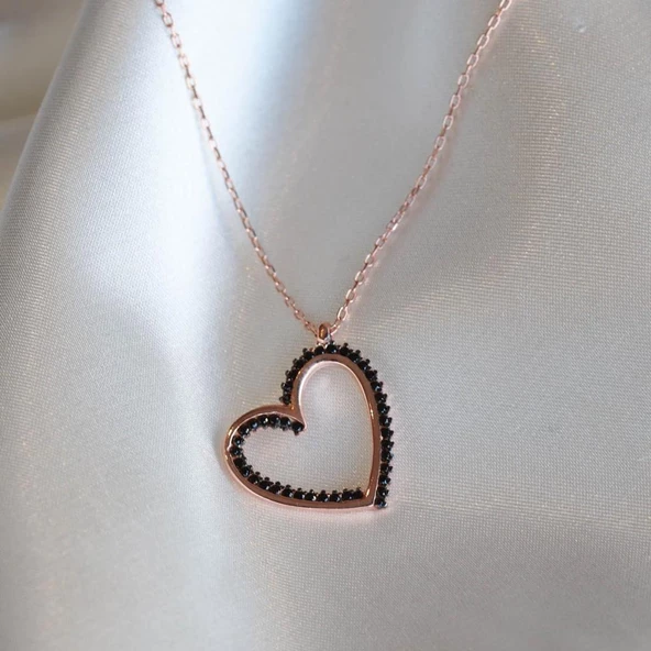 Kalp Siyah Zirkon Taşlı Rose Gold Kaplama Gümüş Kolye - Resim 2