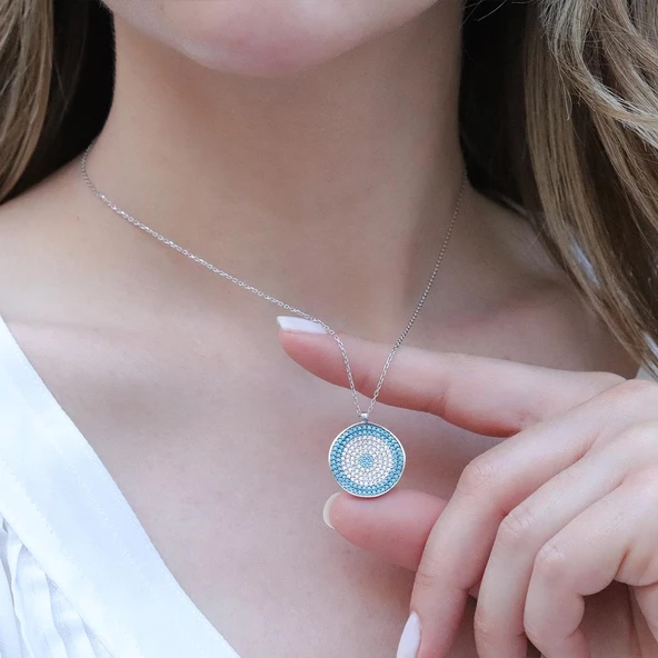 Nazar Boncuklu Zirkon Taşlı Gümüş Kolye - Resim 3