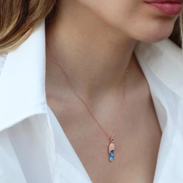 Nazar Boncuklu Rose Gold Kaplama Terlik Gümüş Kolye - Resim 4