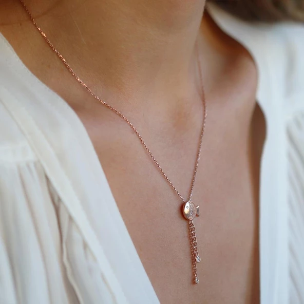 Zirkon Taşlı Sallantılı Balık Rose Gold Kaplama Gümüş Kolye ürün görseli 1