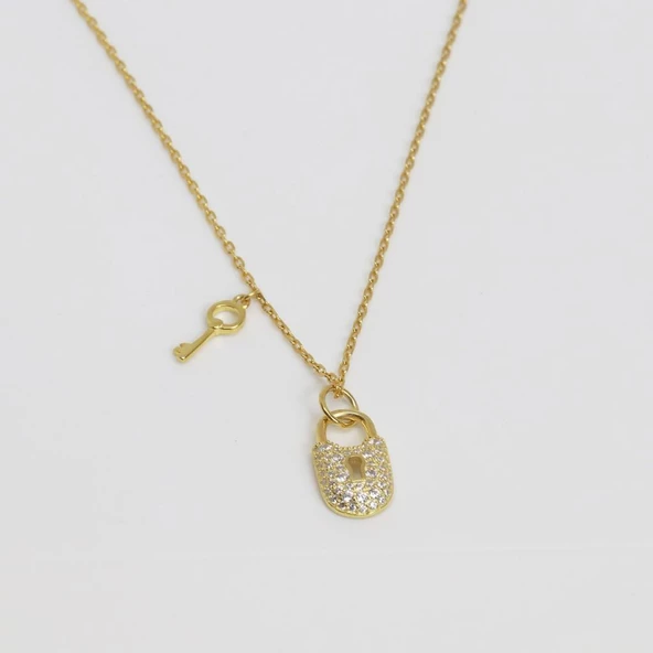 Zirkon Taşlı Anahtar Kilit Gold Kaplama Gümüş Kolye - Resim 4