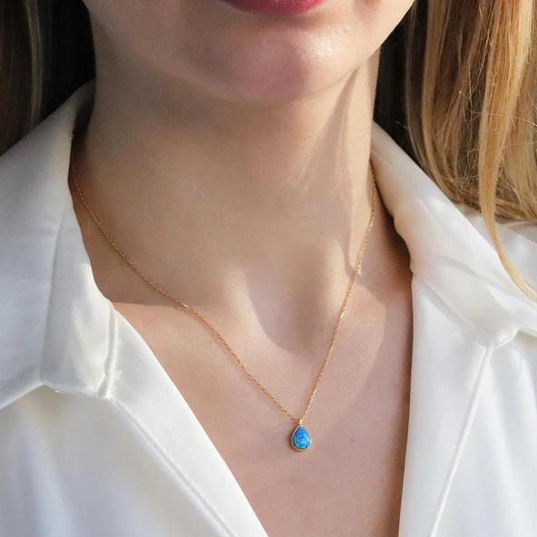 Opal Damla Modeli Gold Kaplama Gümüş Kolye ürün görseli 1