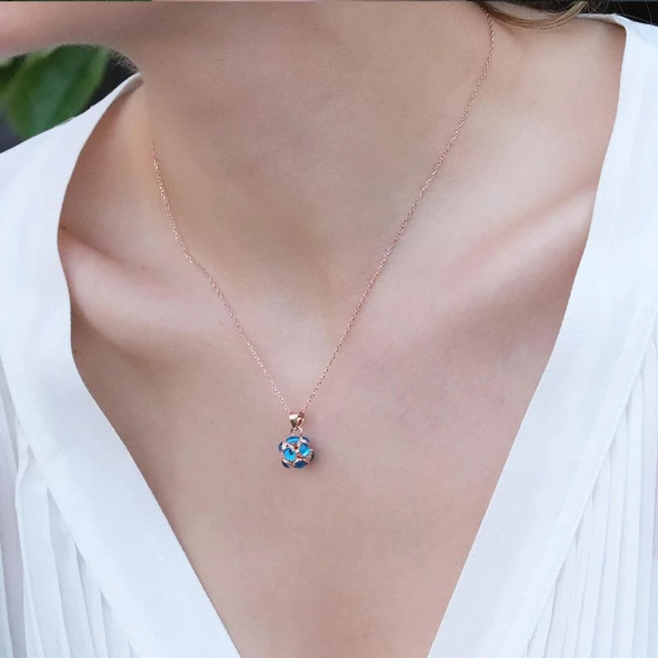 Nazar Boncuklu Rose Gold Kaplama Top Gümüş Kolye - Resim 3