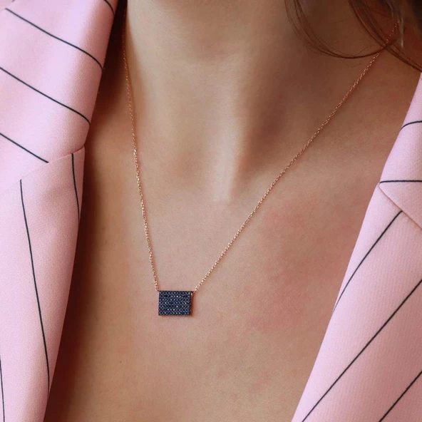 Lacivert Zirkon Taşlı Rose Gold Kaplama Mini Dikdörtgen Gümüş Kolye - Resim 2