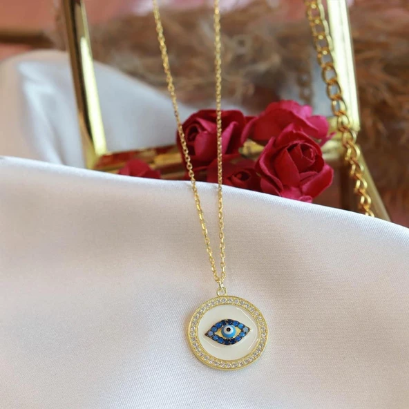 Göz Model Zirkon Taş Çerçeveli Gold Kaplama Gümüş Kolye - Resim 3