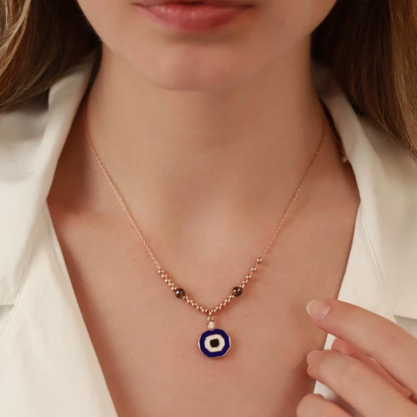 Nazar Boncuklu Nar Modeli Rose Gold Kaplama Gümüş Kolye - Resim 2