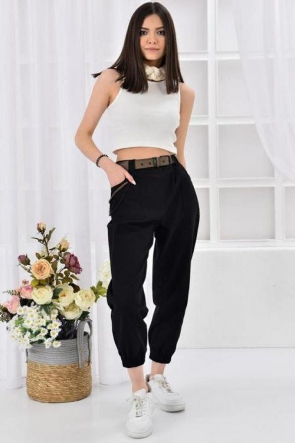 Kemerli ve Önden Cepli Paça Lastikli Siyah Kadın Kargo Pantolon - 2