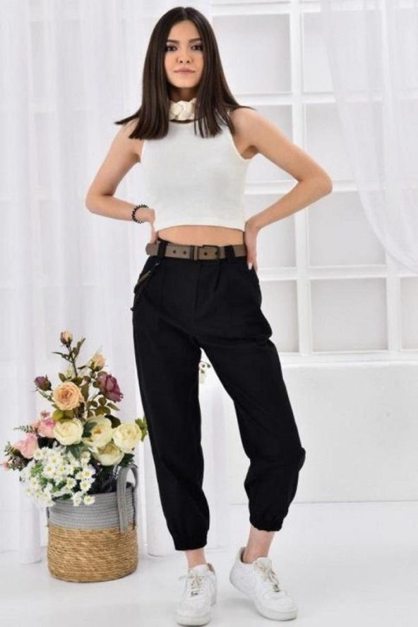 Kemerli ve Önden Cepli Paça Lastikli Siyah Kadın Kargo Pantolon - 3