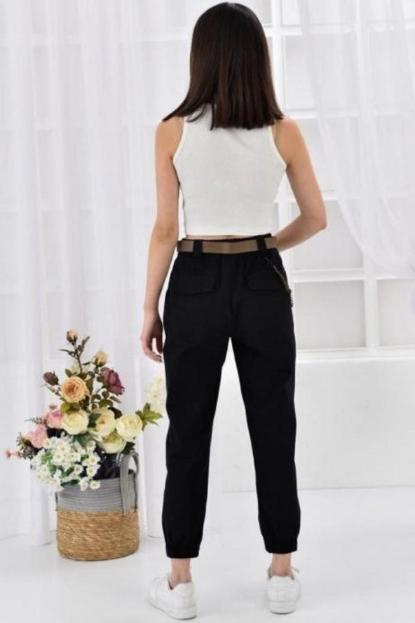 Kemerli ve Önden Cepli Paça Lastikli Siyah Kadın Kargo Pantolon - 5