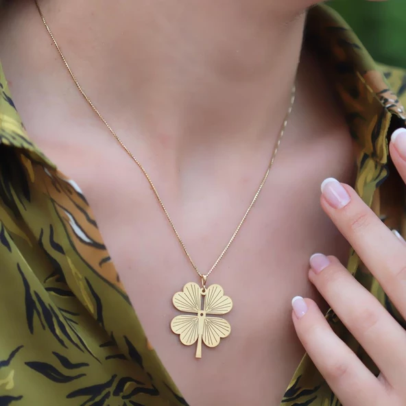 Gold Kaplama Yonca Gümüş Kolye - Resim 4