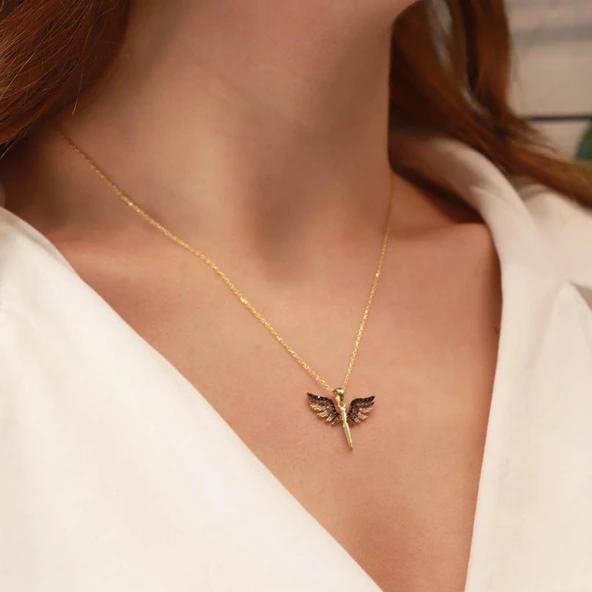 Mikail Meleği Zirkon Taşlı Gold Kaplama Gümüş Kolye - Resim 2