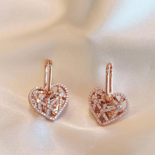 Kalp Tasarım Zirkon Taşlı Rose Gold Kaplama Gümüş Küpe ürün görseli 1