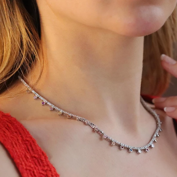 Renkli Taşlı Su Yolu Gümüş Kolye - Resim 3