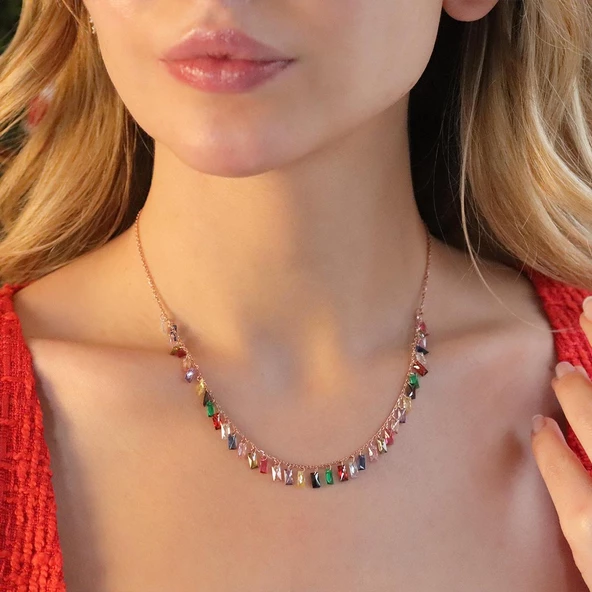 Renkli Zirkon Taşlı Rose Gold Kaplama Gümüş Trend Kolye ürün görseli 1