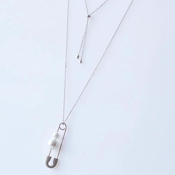 İnci İğne Zirkon Taşlı Gümüş Kolye - Resim 4