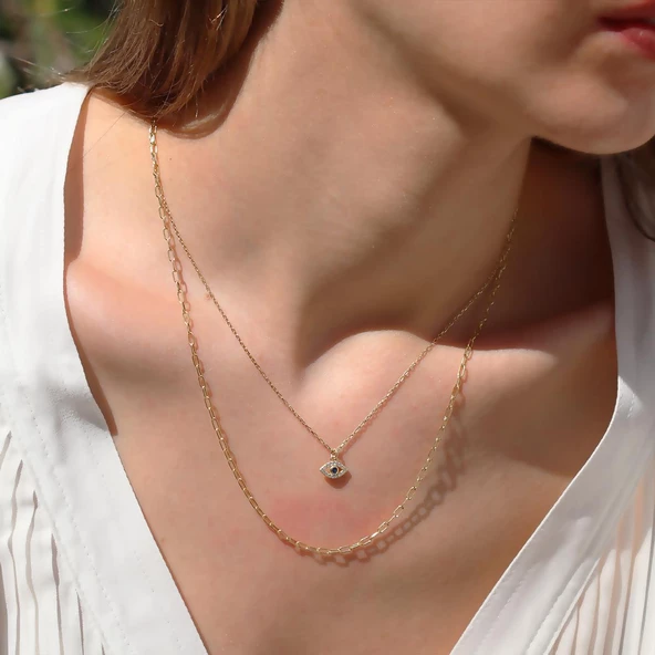 Göz Modeli 2 Zincirli Gold Kaplama Trend Gümüş Kolye - Resim 2