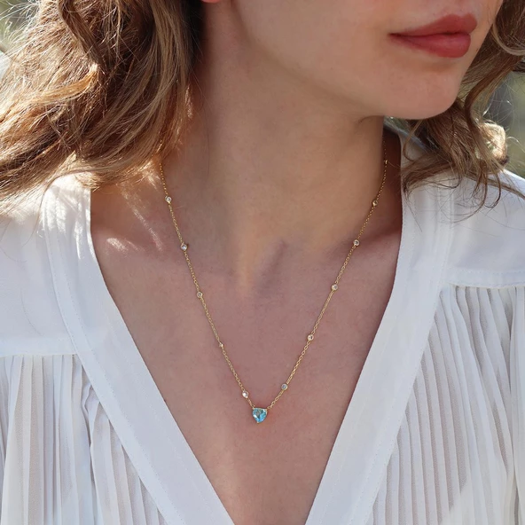 Aquamarin Taşlı Gold Kaplama Sevgili Kalp Gümüş Kolye ürün görseli 1