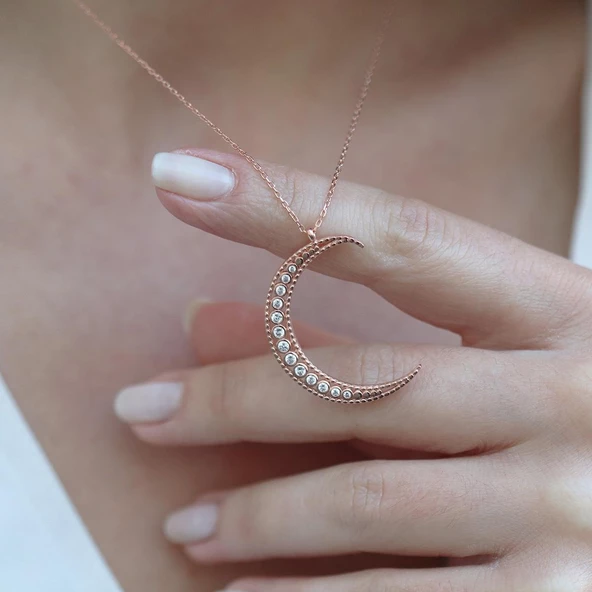 Zirkon Taşlı Rose Gold Kaplama Ay Gümüş Kolye - Resim 4