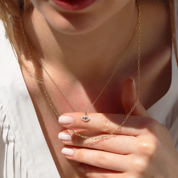 Göz Modeli 2 Zincirli Gold Kaplama Trend Gümüş Kolye - Resim 3