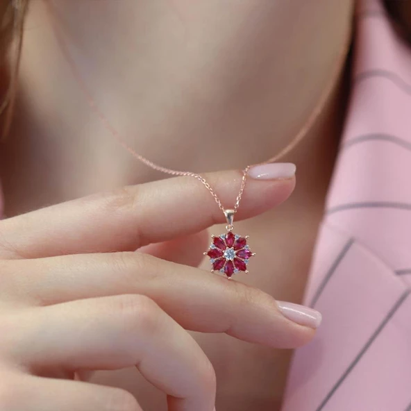 Fuşya Mini Kamelya Çiçeği Rose Gold Kaplama Gümüş Kolye - Resim 3