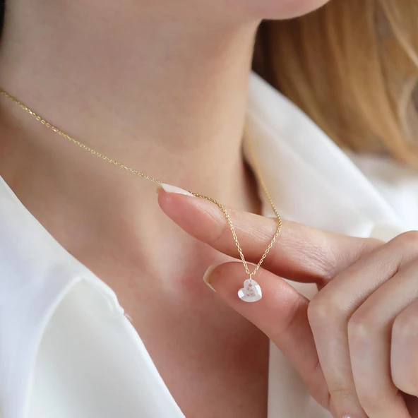 Mini Kalpli Kuvars Taşlı Gold Kaplama Gümüş Kolye - Resim 3