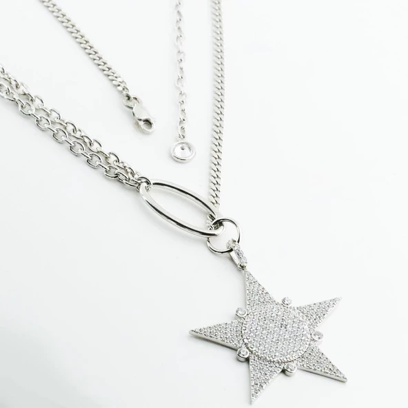 Zirkon Taşlı Gurmet Zincirli Tasarım Yıldız Gümüş Kolye - Resim 2